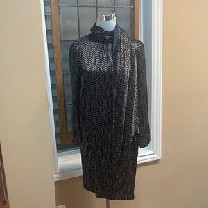 Etro Black and Brown Chevron Long-Sleeve Tie-Neck Dress